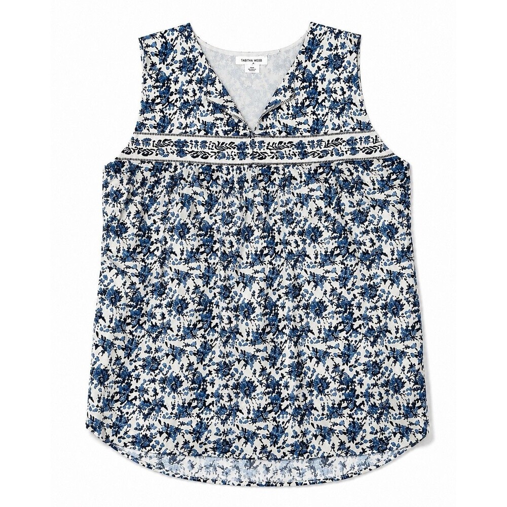 Tabitha Webb Floral Sleeveless Blouse Women’s Large Blue White V-Neck Boho Top